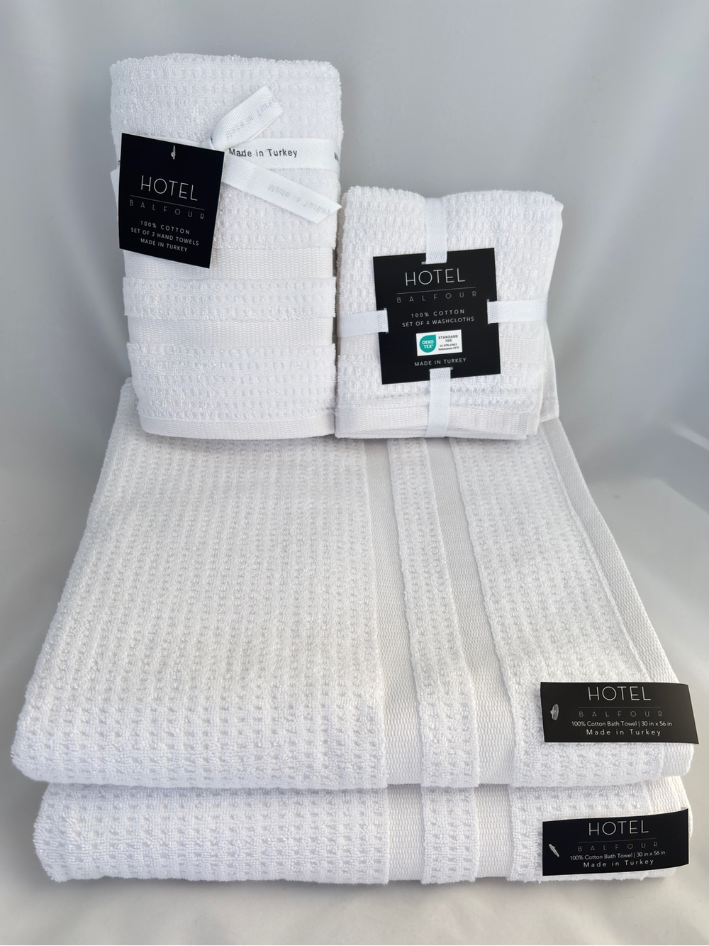 NWT 8Pc Hotel Balfour Turkish White Waffle Bath Towel Set Made in Turkey Spa
